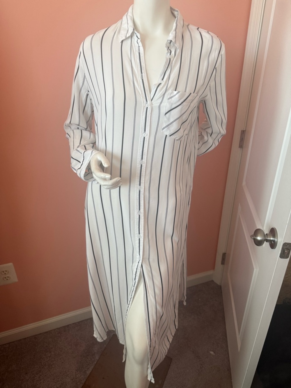Express White Button-Down Maxi Dress with Black Stripes